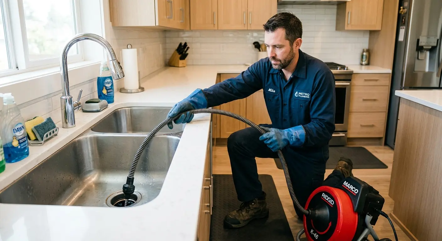 Drain cleaning technician using a motorized snake on a kitchen sink in Salem