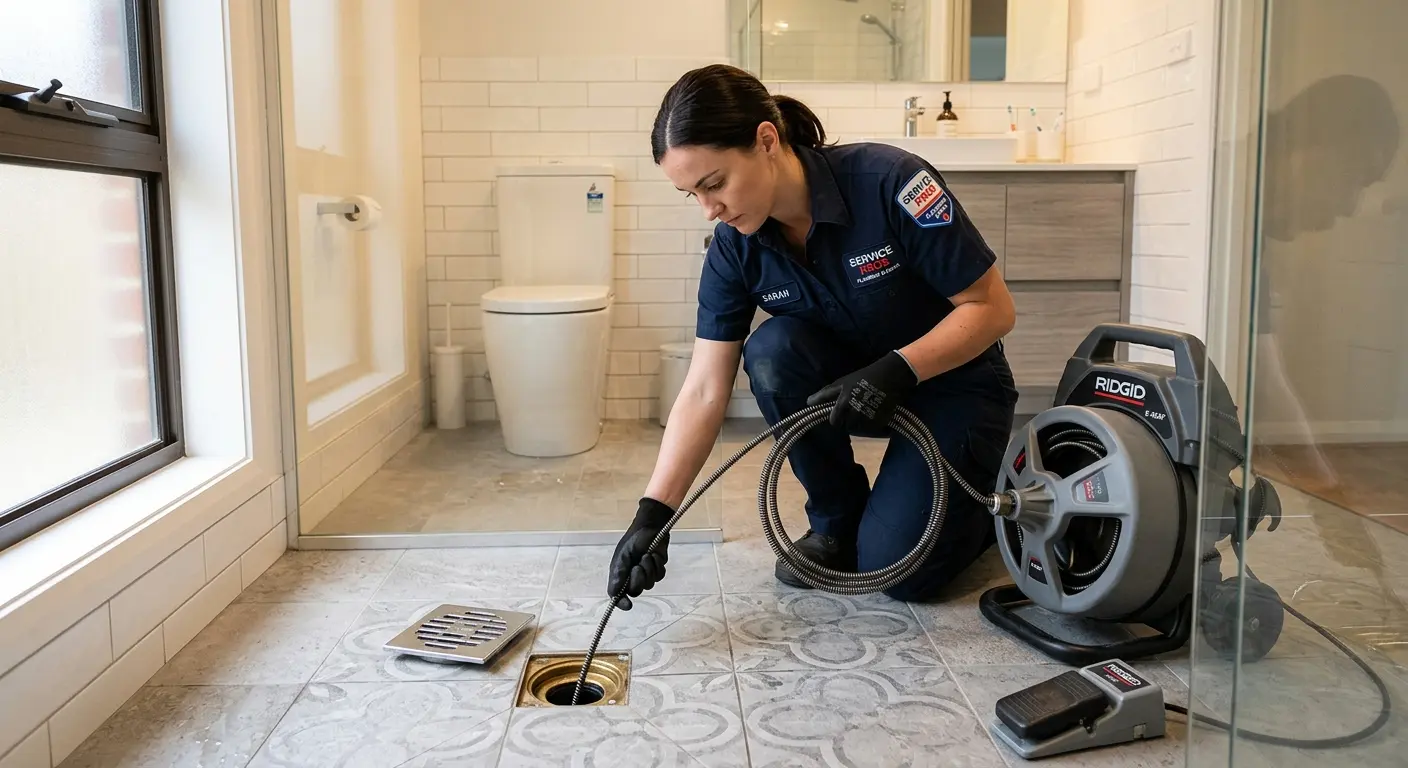 Technician clearing a bathroom floor drain for Clogged Drain Repair in Salem